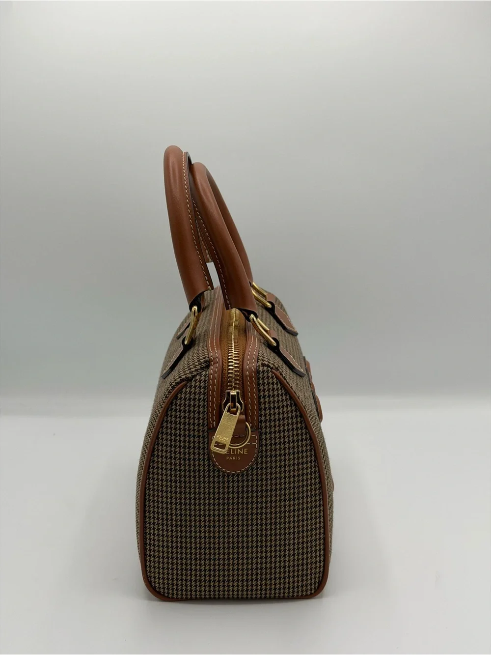 Celine Brown Houndstooth Satchel with Tan Leather Trim